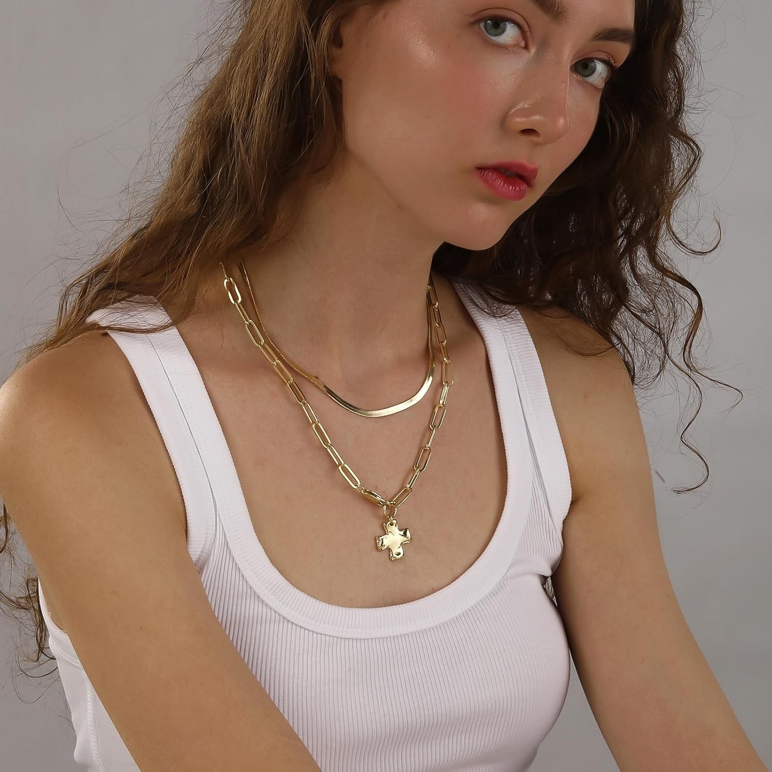 Statement 14K Gold Chunky Hammered Cross Pendant Necklace Trendy Paperclip Chain