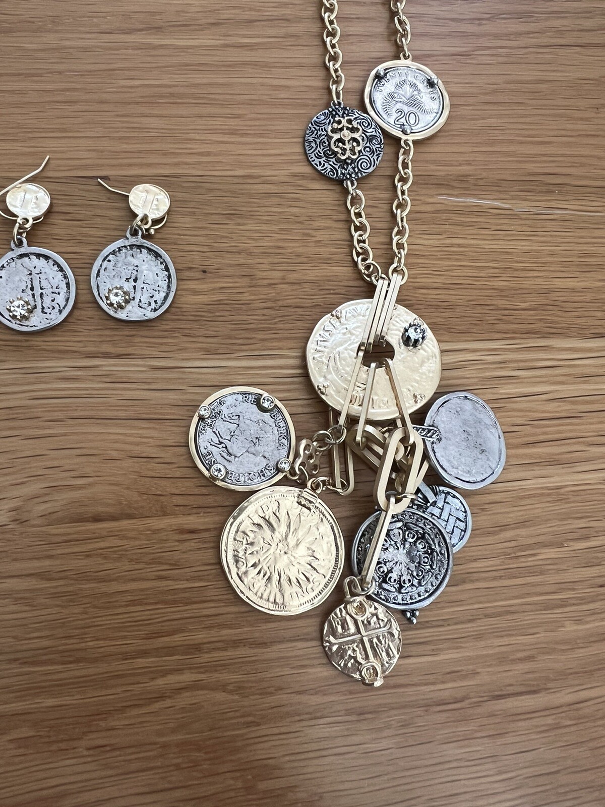 NWT CHICO’S Silver Goldtone Dangle Coins 24″ Necklace & Earrings W101