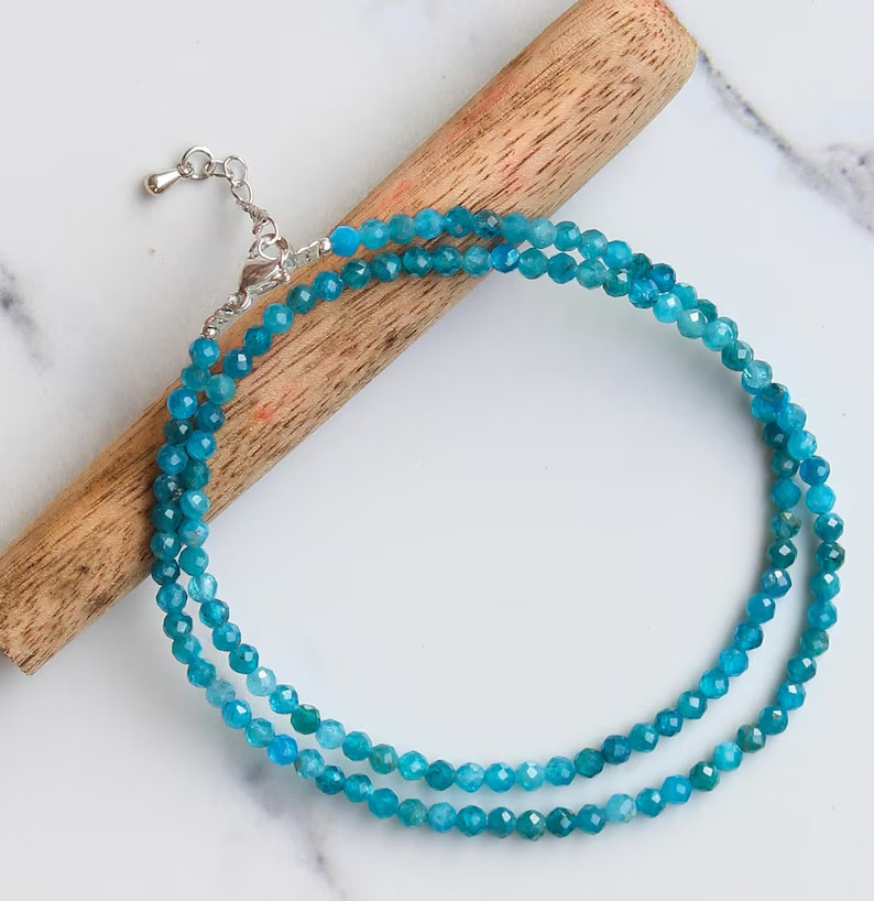 2mm Blue Apatite Choker Necklace Dainty Crystal Beaded Minimalist Gift for Her