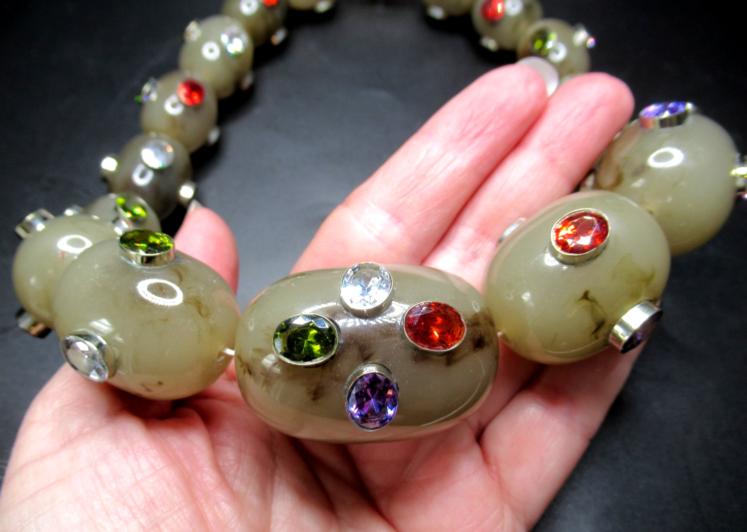 Amazing HUGE Stone Looking Lucite Bead Bezel Set Genuine Gemstone Necklace