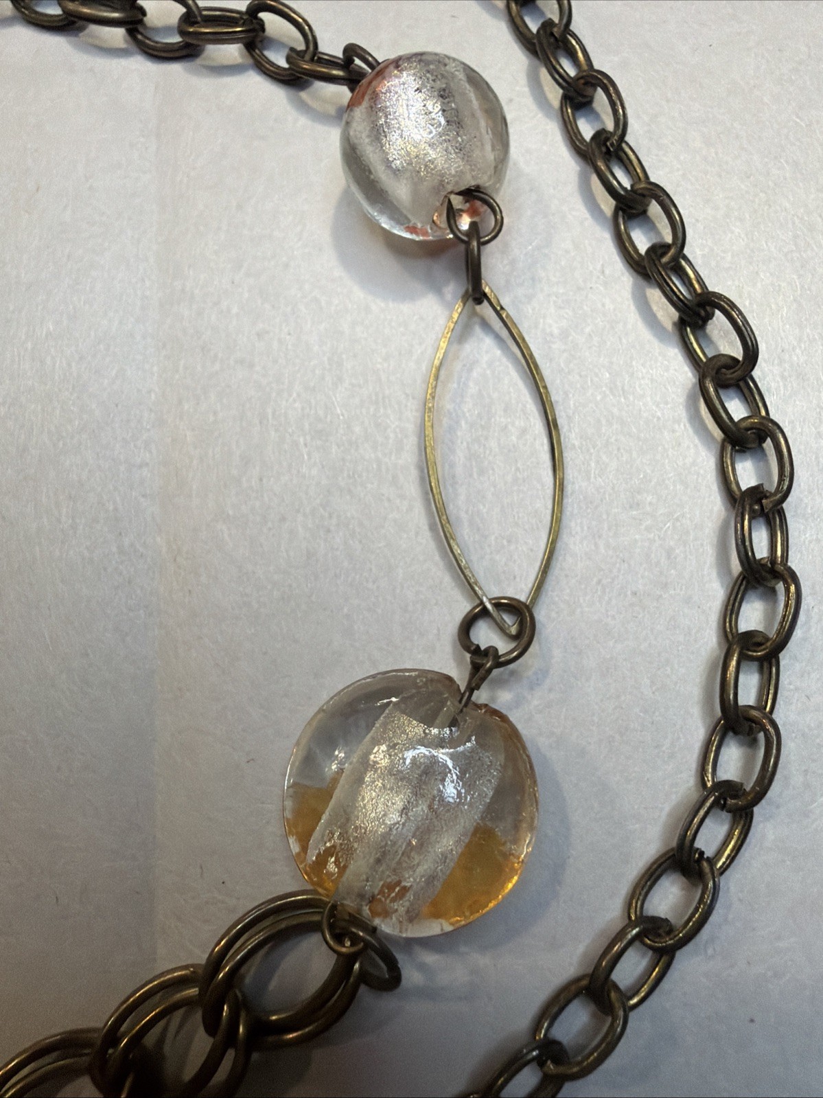 Long Necklace Round Amber Beads Glass Beads Decorative Metal Beads Brass Tone