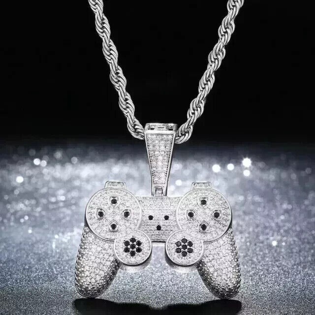 Gaming Remote Shape Pendant Round Cut Simulated Diamond In 14K White Gold Plated