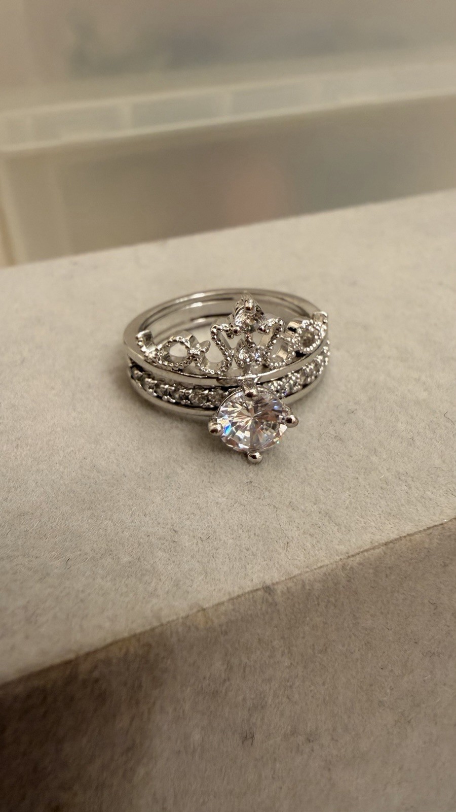 Size 7 Princess Crown Ring Set CZ Engagement Style Silver Tone Stackable Rings