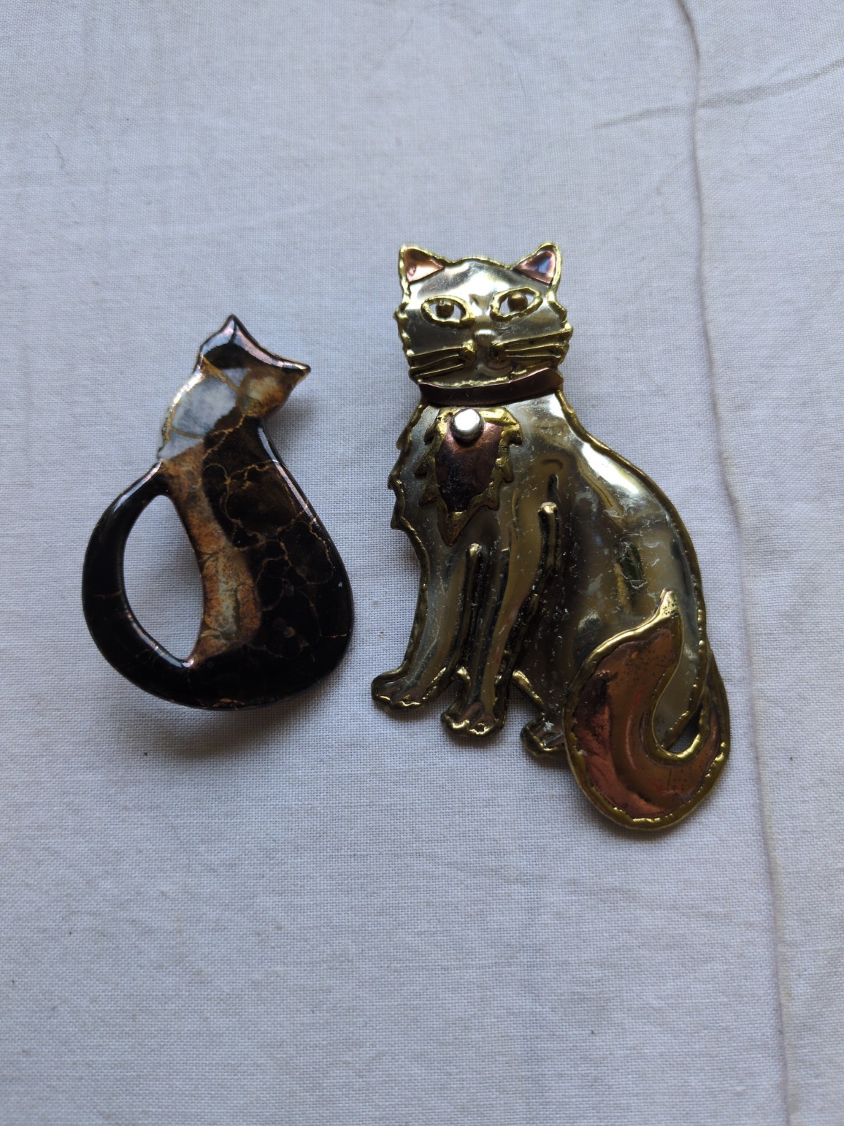 Vintage Cat Brooch Pin Lot Of 2, Mexican Mixed Metal And Pottery Artist Signed