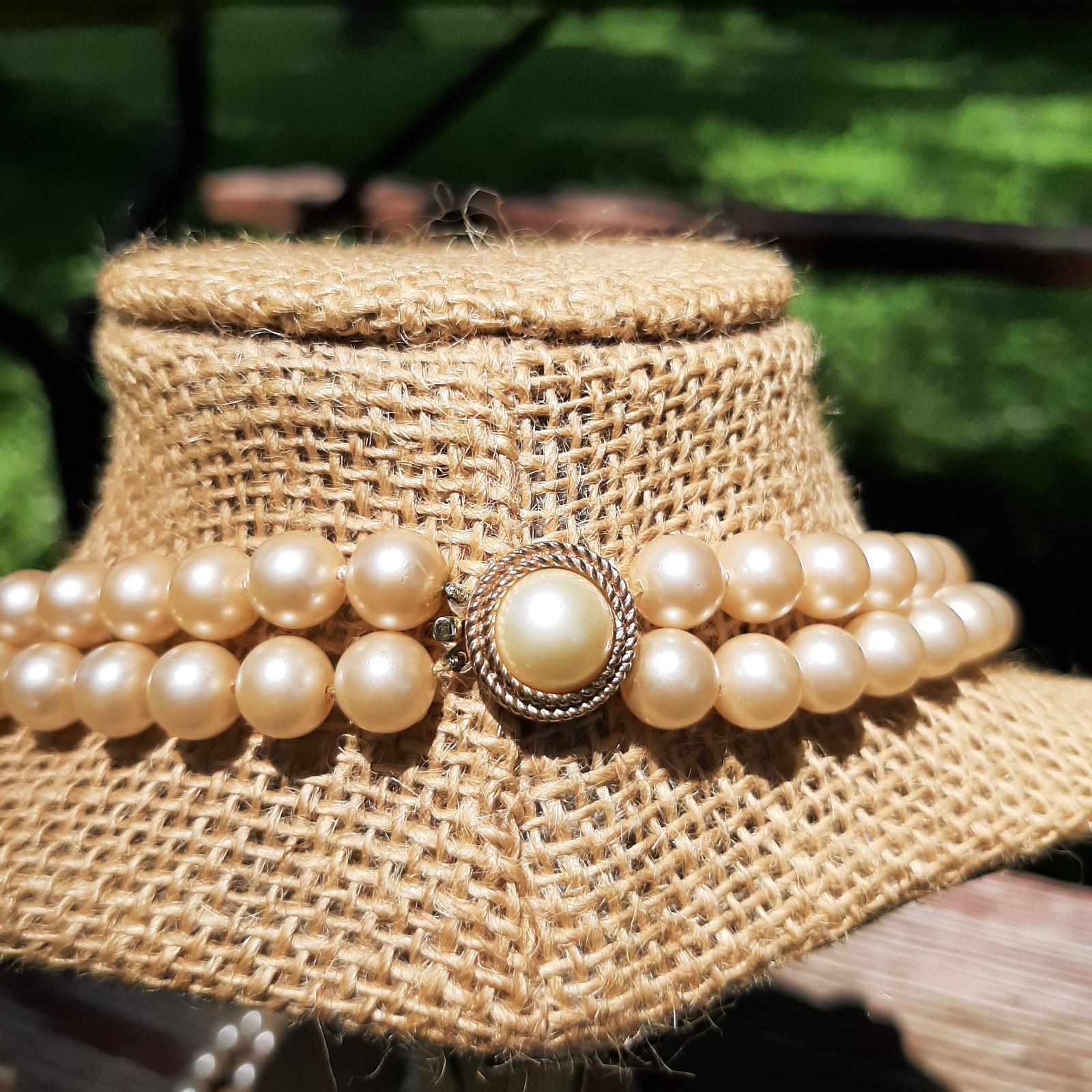 Crown Trifari Vintage MCM Multistrand Faux Ivory Pearl Necklace Cabochon Clasp