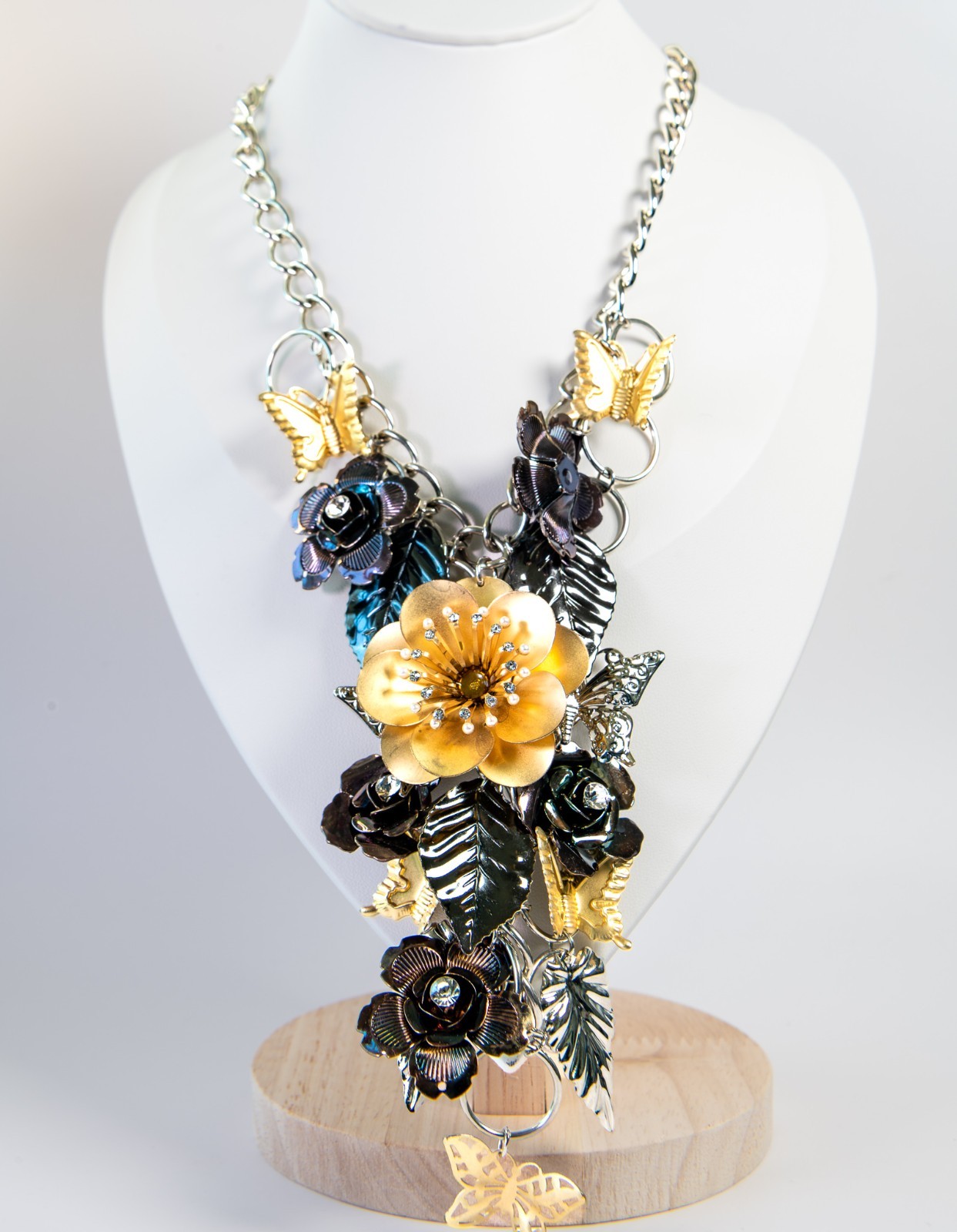 Mixed Metal Floral Statement Necklace Butterfly Flower Cluster Bib Chunky Rhines