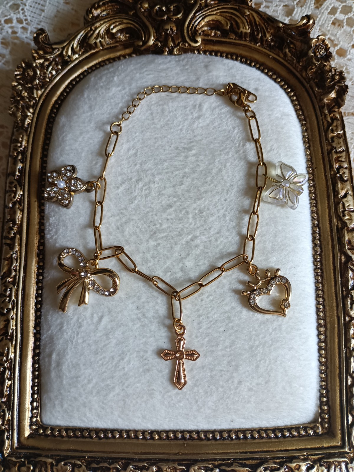 Handmade Link Charm Necklace Cross Pendant Clear Round Rhinestones Lobster
