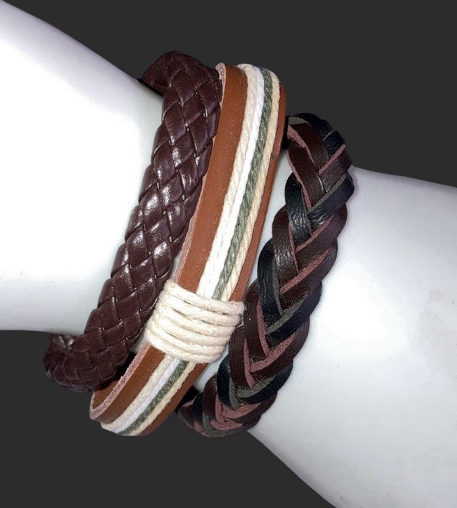 3 Pc Unisex Men Women Braided Weave Faux Leather Layered Stackable Bracelet NWOT