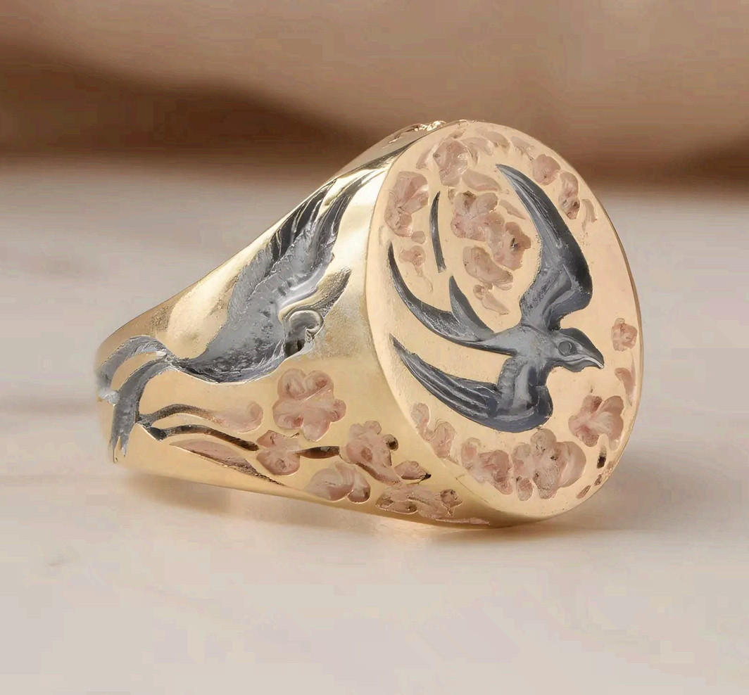 Rose Gold Copper Signet Ring Swallow Bird