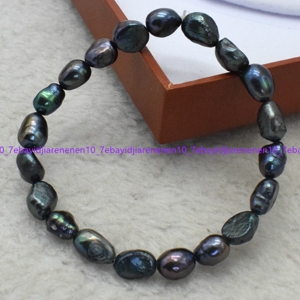 Natural 7-8/8-9/9-10mm Black Tahitian Baroque Pearl Elastic Bracelet 7.5in