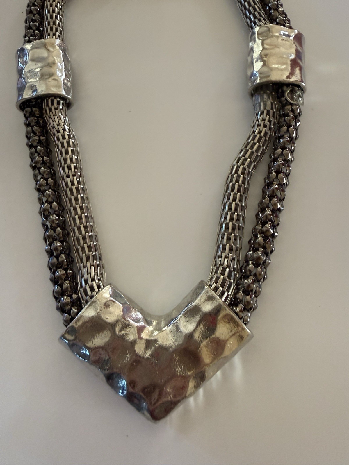 Silver-Tone Multi-Strand Mesh Chain Chevron Pendant Necklace, Adjustable Lobster