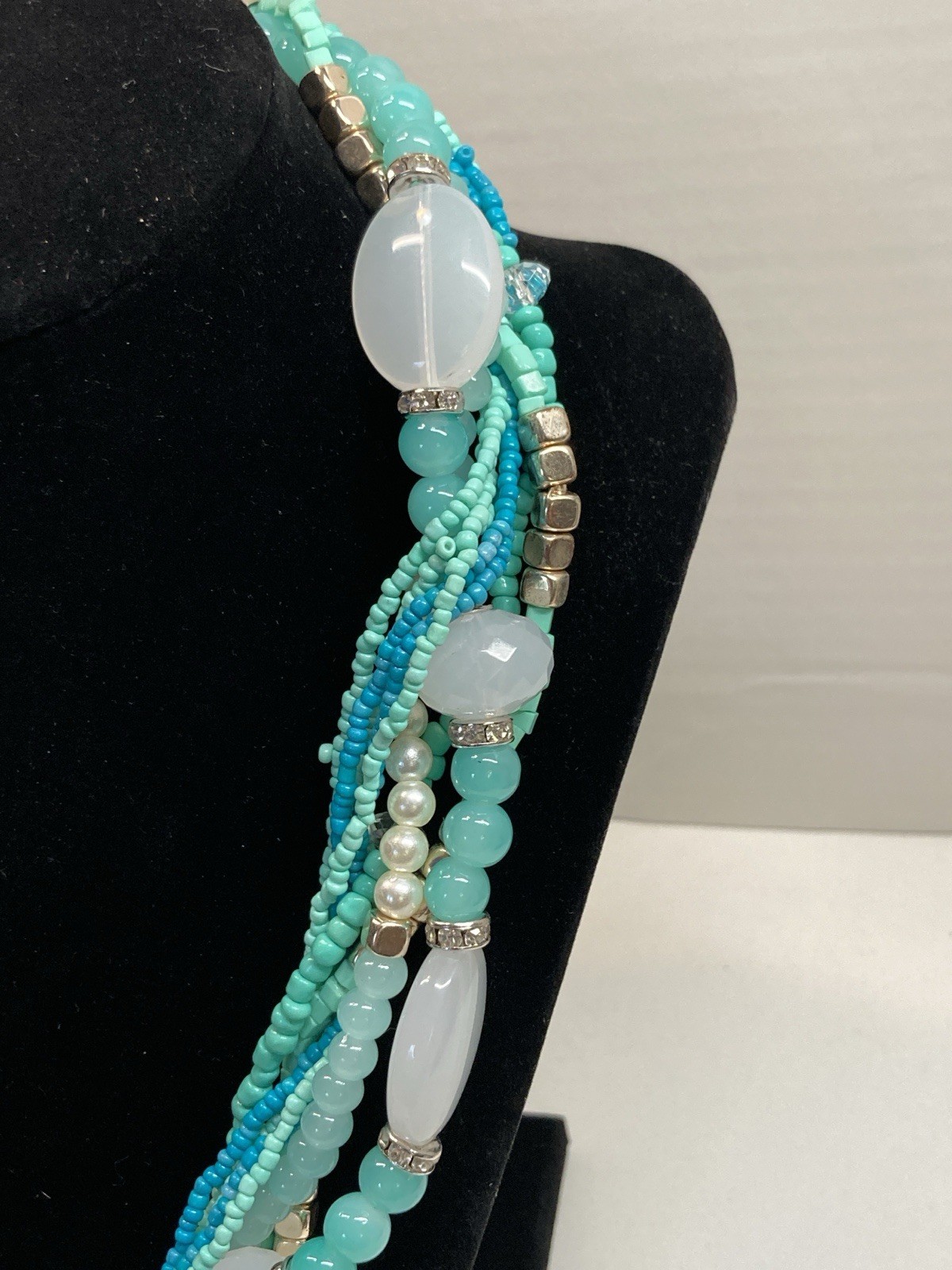 Multi-Strand Statement Necklace Aqua Teal White Beads Gold Tone 19-22″