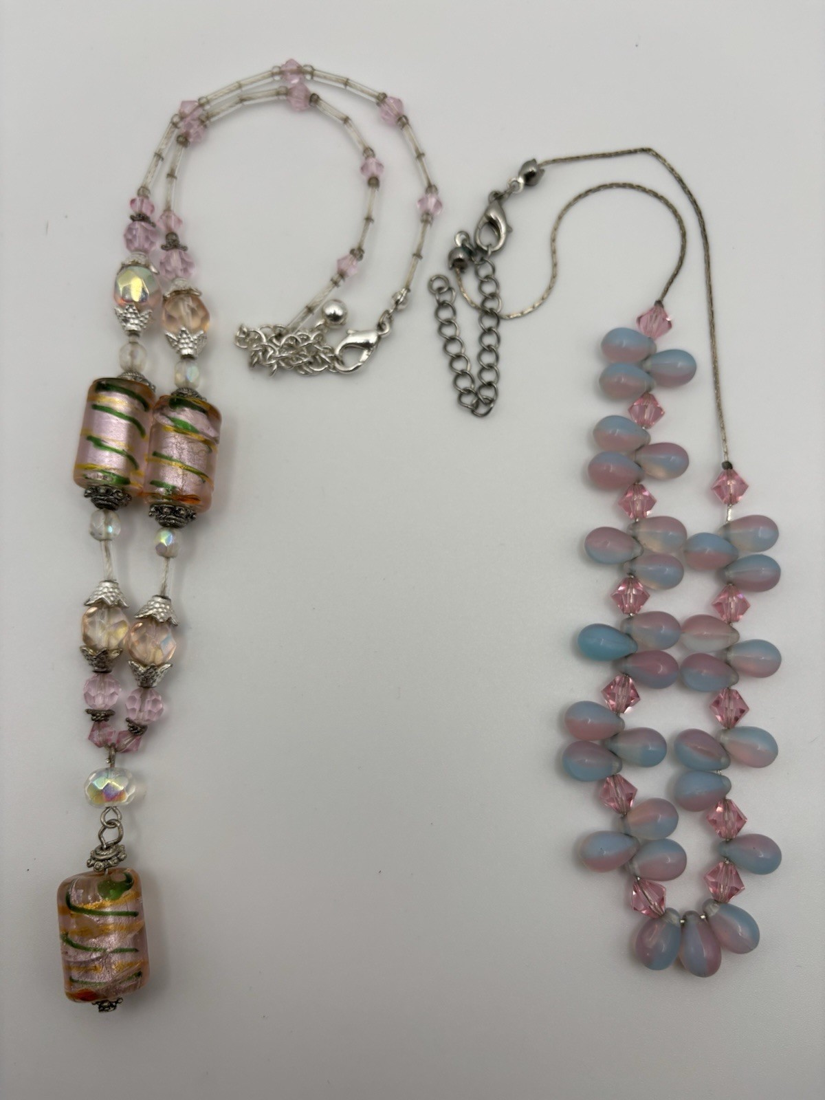 Lot of 2 Pastel Pink Glass Bead Necklaces – Venetian Style Foil & Teardrop Drops