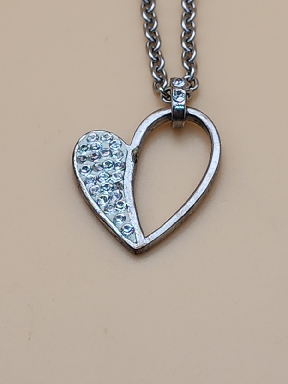 Designer ATI BR Thailand Signed Heart Necklace Crystal Encrusted Silver Tone