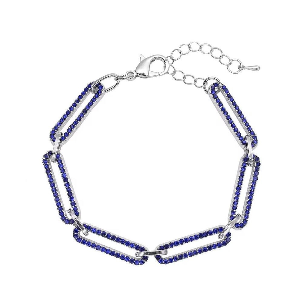 Blue Austrian Crystal Paperclip Chain Bracelet Silver Tone Adjustable 7.5-9.5″