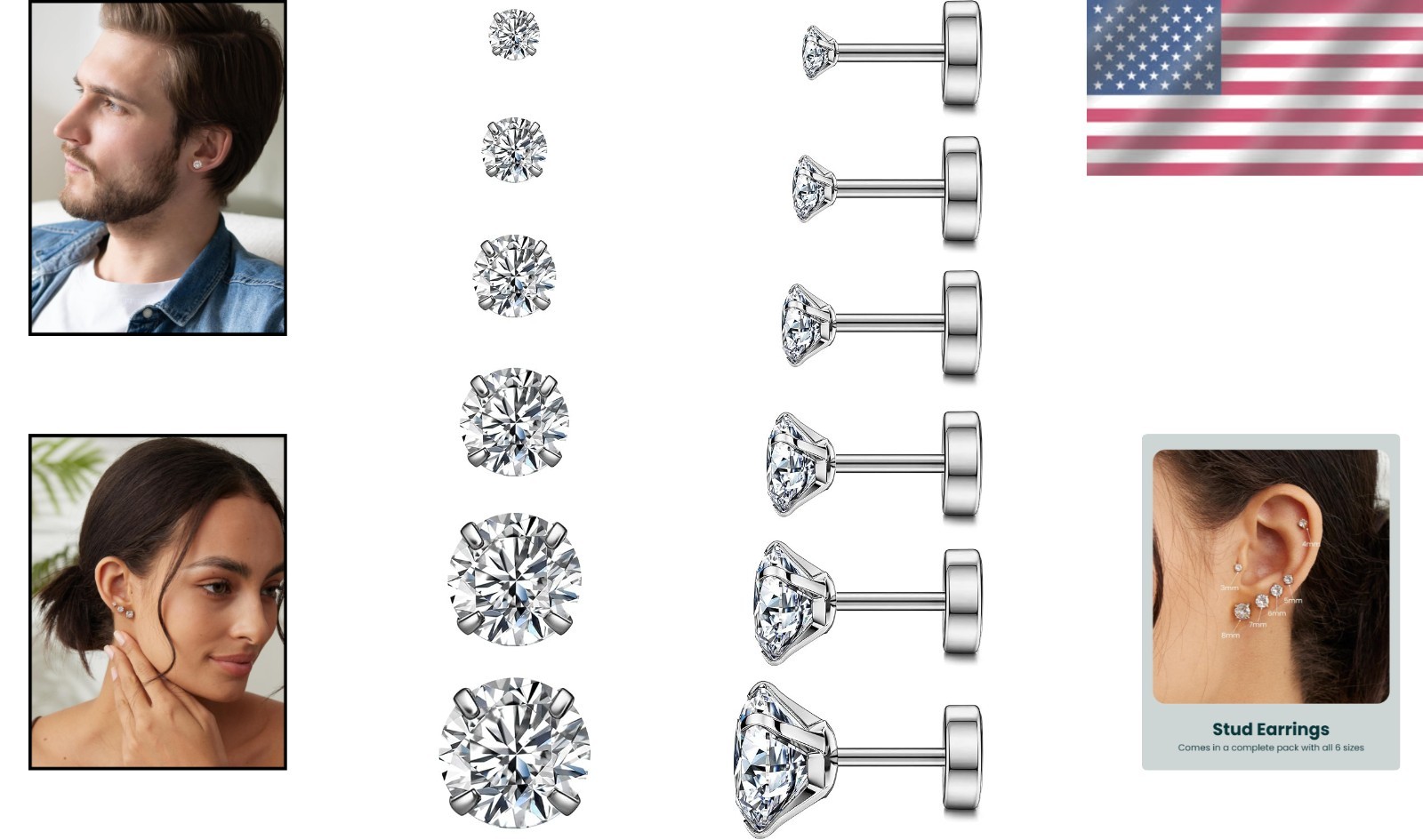Multi-Size Hypoallergenic Flat Back Earrings – Stunning Cubic Zirconia Variants