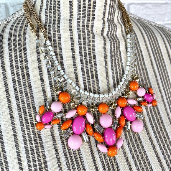 Multicolored Rhinestone and Resin Statement Bib Necklace Pink Orange White Gold