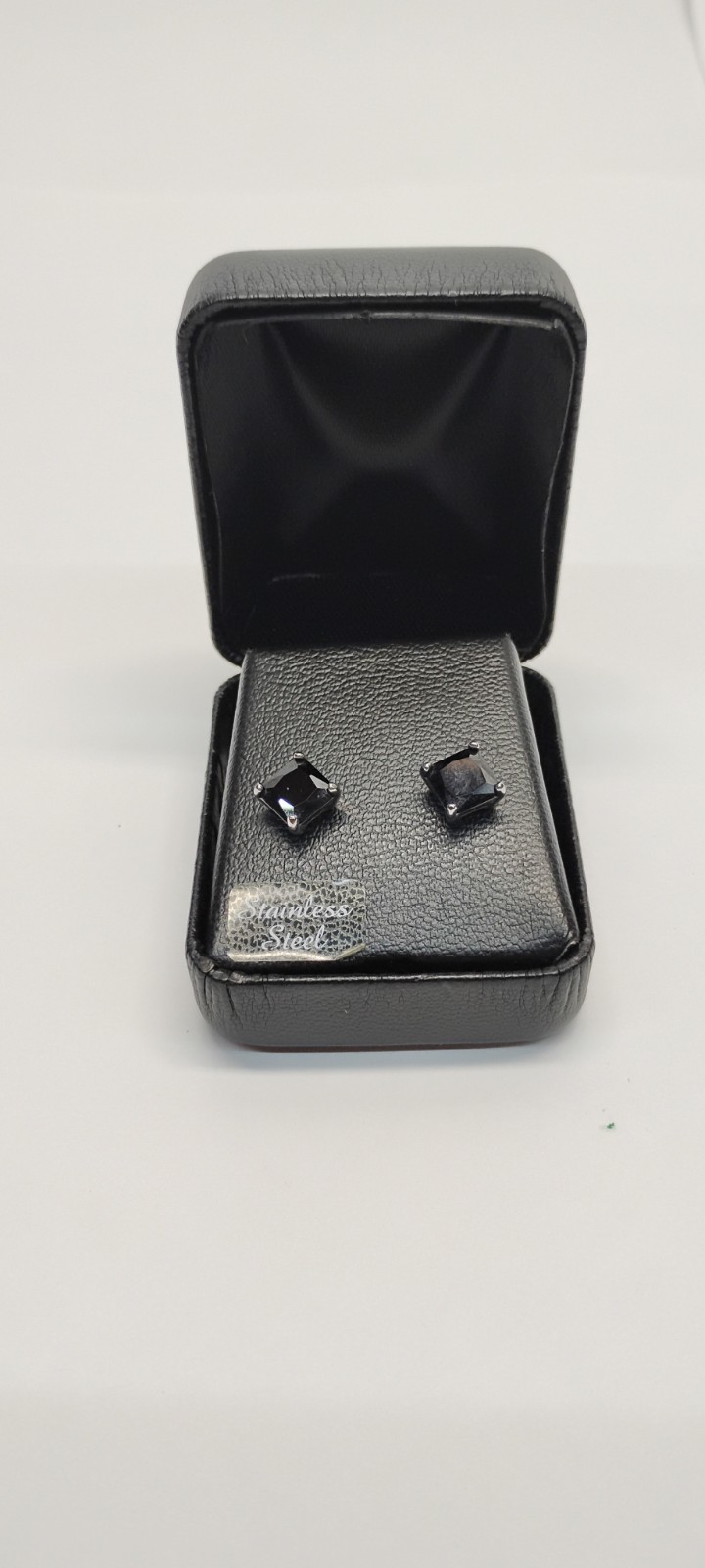 Stainless Steel Polished – Black Square CZ Stud Post Earrings