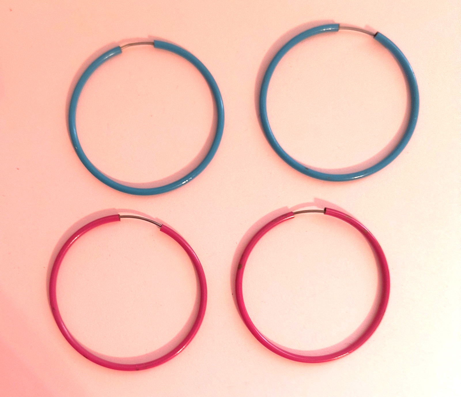 2 Pairs Hoop Metal Earrings for Pierced Ears Aqua Dark Pink 1 3/4 Inches