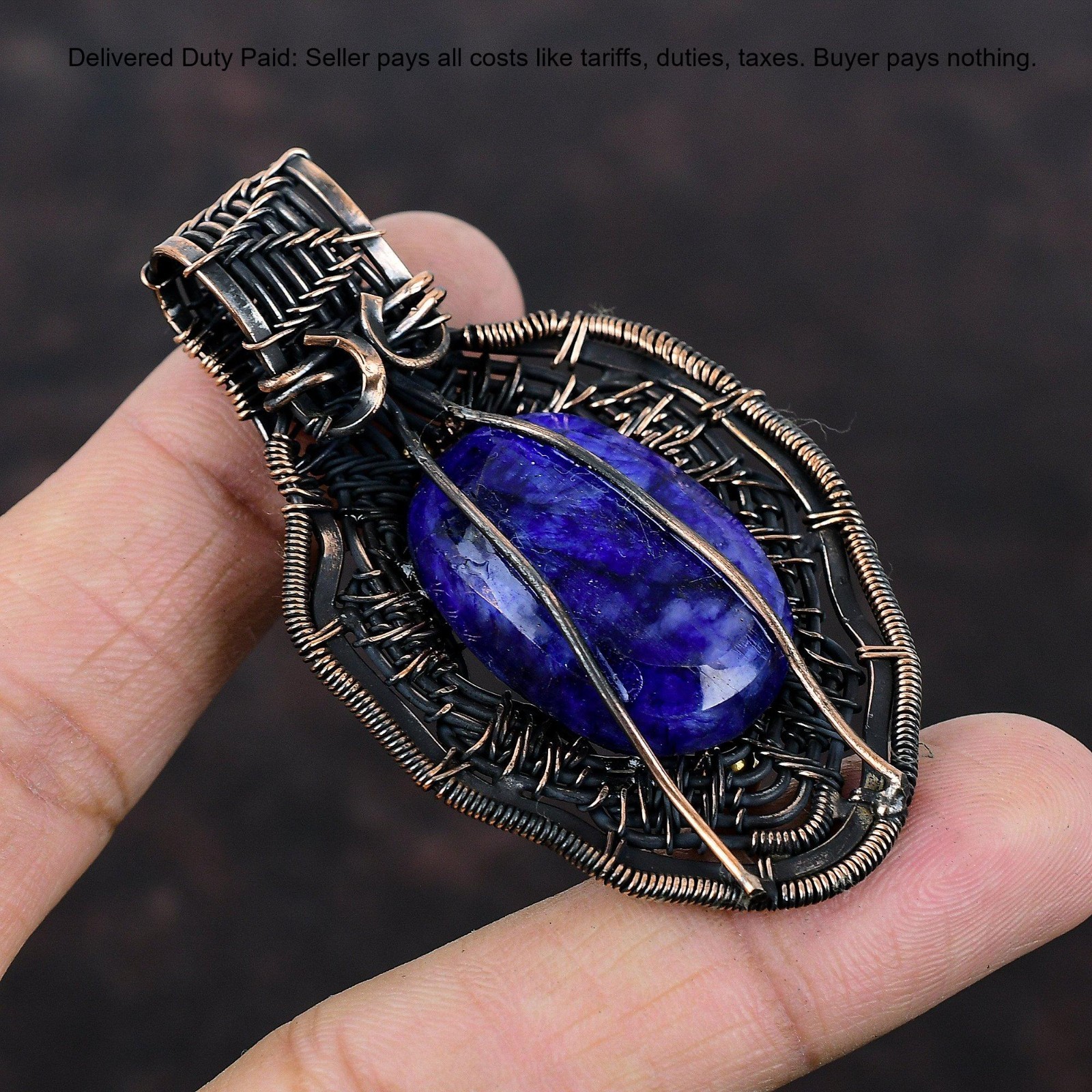 Oval Blue Saphire Gemstone Wedding Wire Wrapped Wife Boho Pendant Jewelry Copper