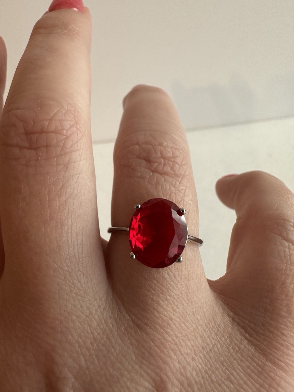 925 Sterling Silver Ruby-Colored Oval Solitaire Ring Size 8