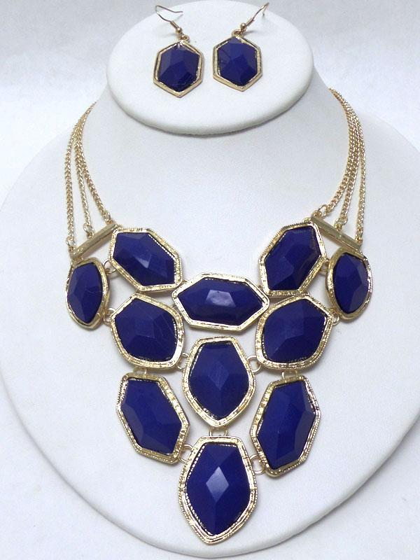 E2 Drop Shape Blue Gold Toned Bib NECKLACE EARRINGS SET Triple Chain NEW