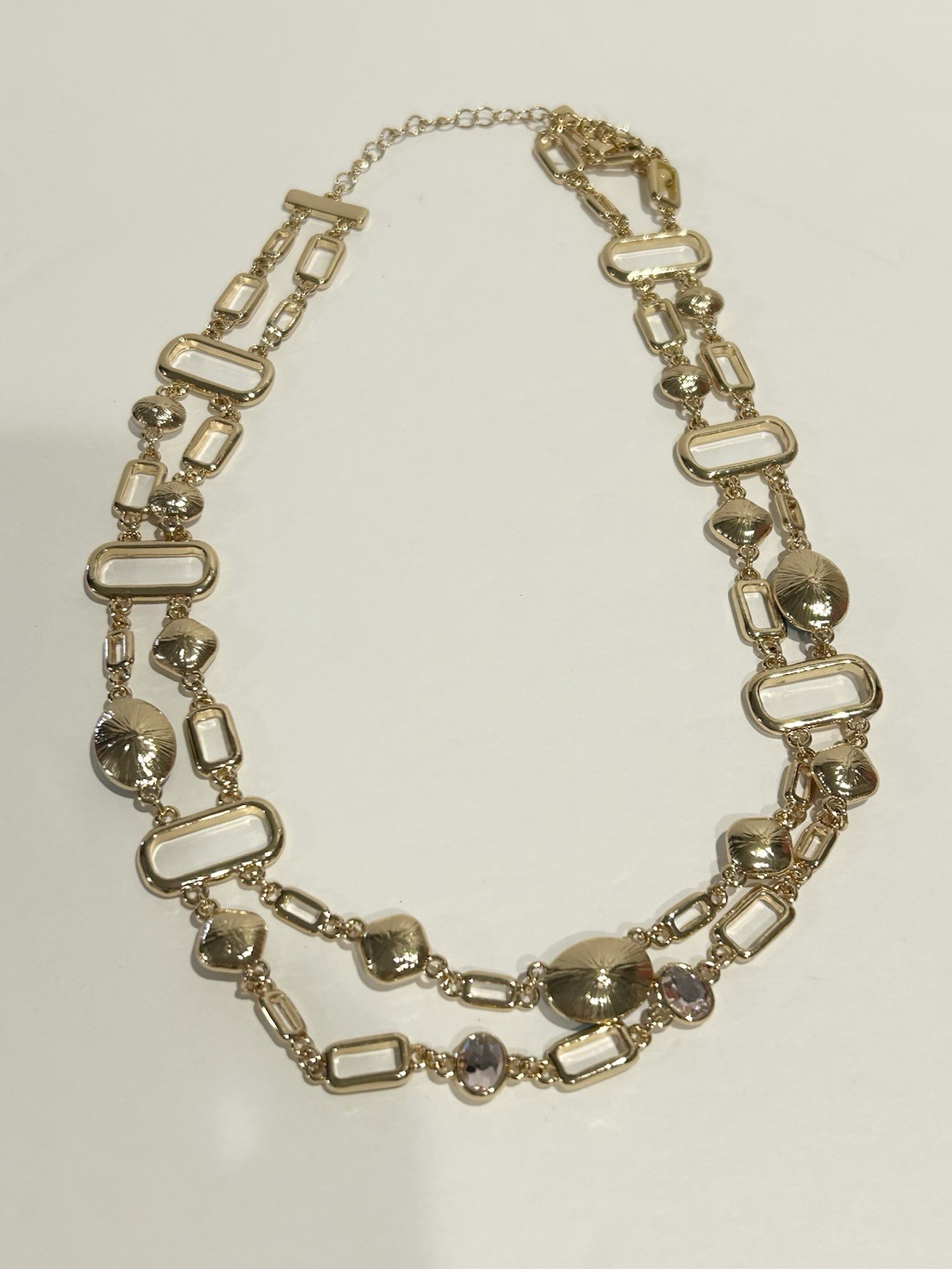 Gold Tone Double Chain Necklace With Man made London Blue Topaz