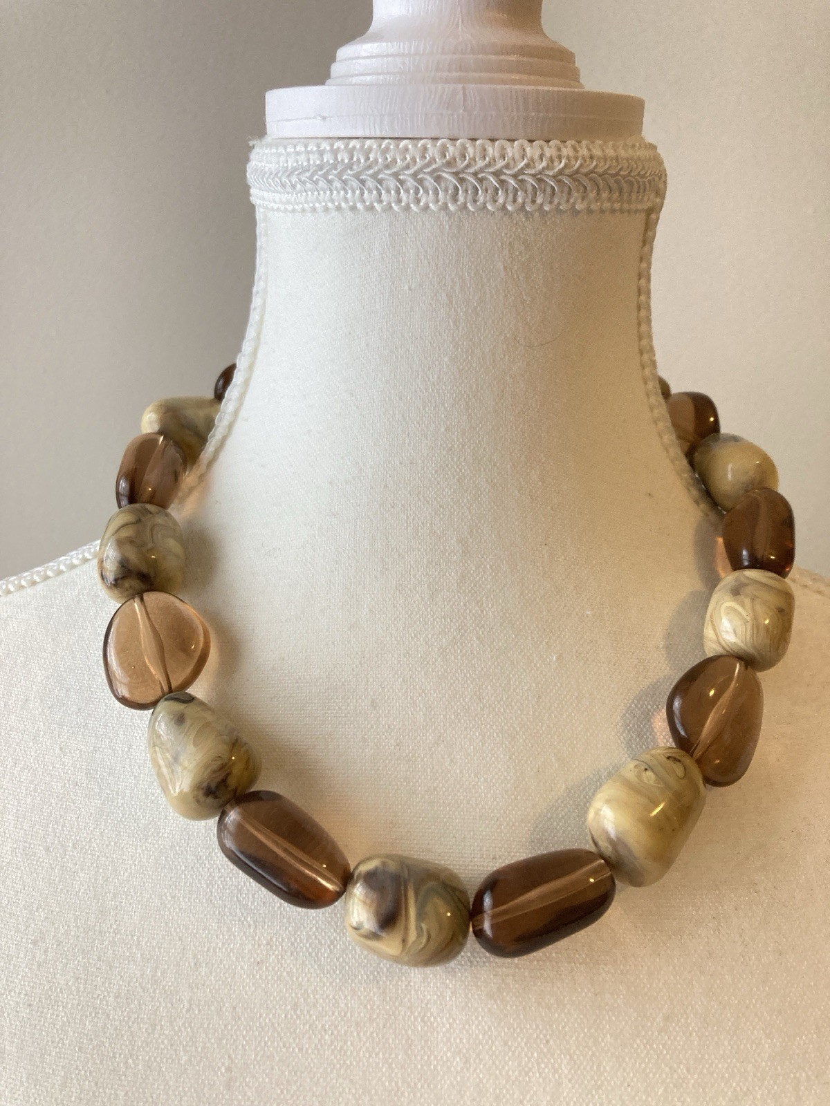 Earth Tone Chunky Beaded Collar Necklace Honey Brown Cream Faux Stone Neutrals