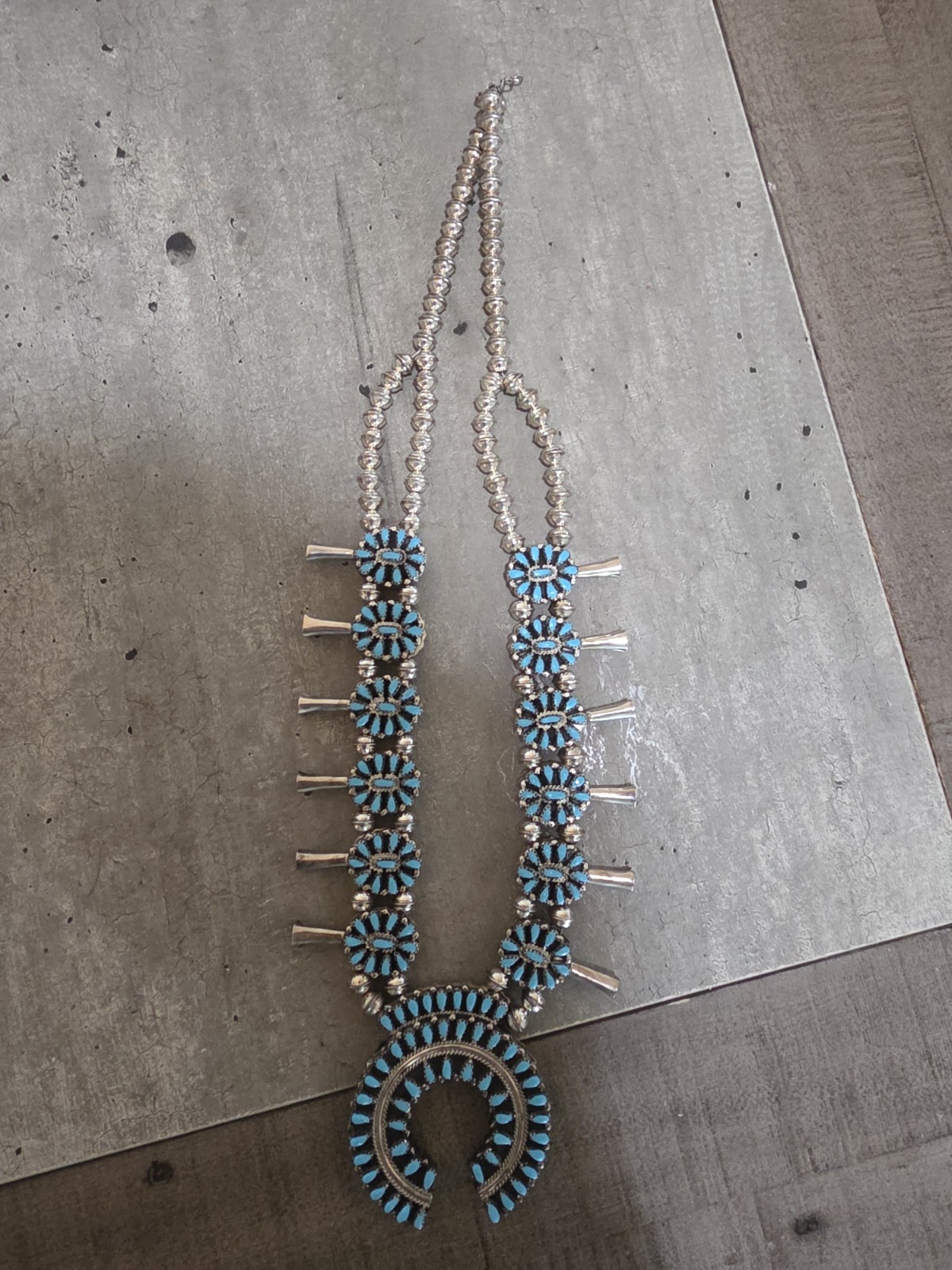 Reversible turquoise & coral squash blossom necklace