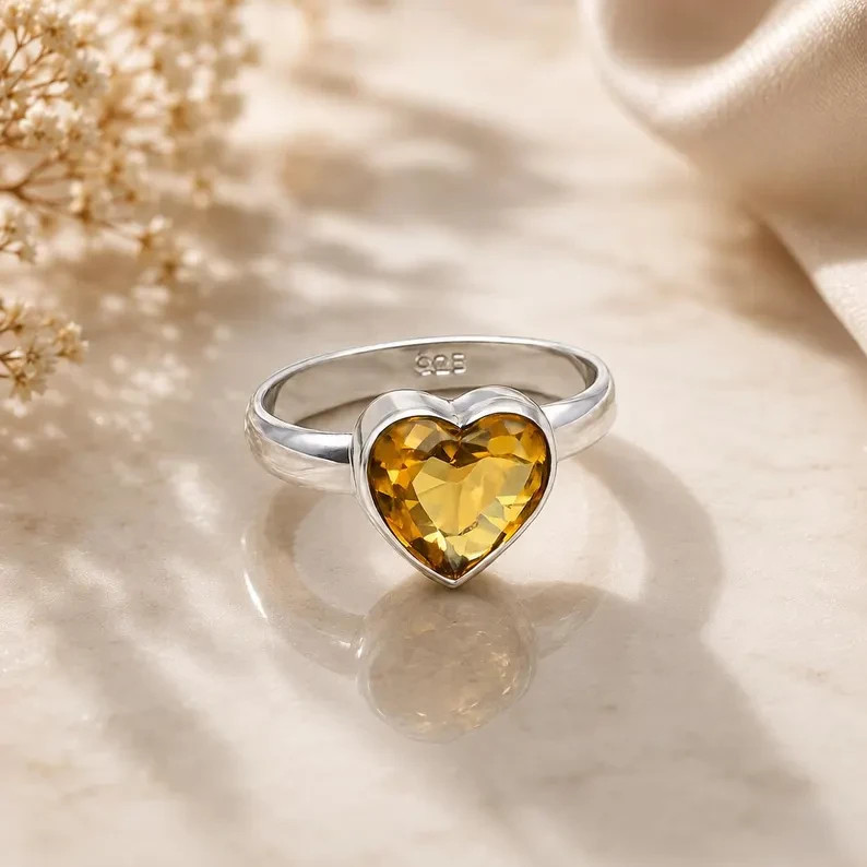 Heart Cut Citrine Ring | Yellow Gemstone Silver Ring | Heart Shaped Promise Ring