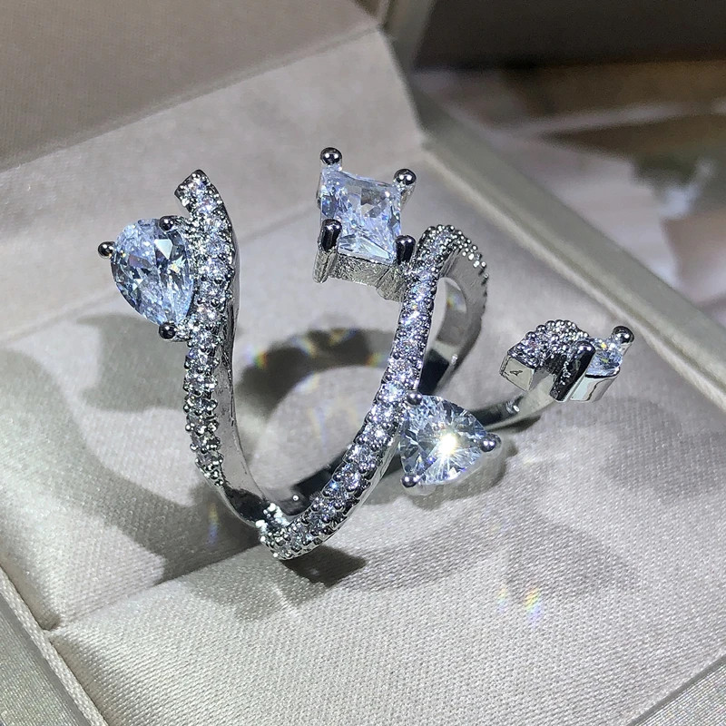 Sterling Silver Snake Ring Simulated Zirconia Winding Cocktail Women Jewelry