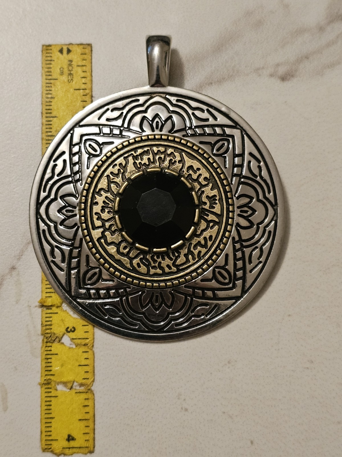 Premier Designs Mesa Enhancer/Pendant Medallion Silver Brass Black Center Stone