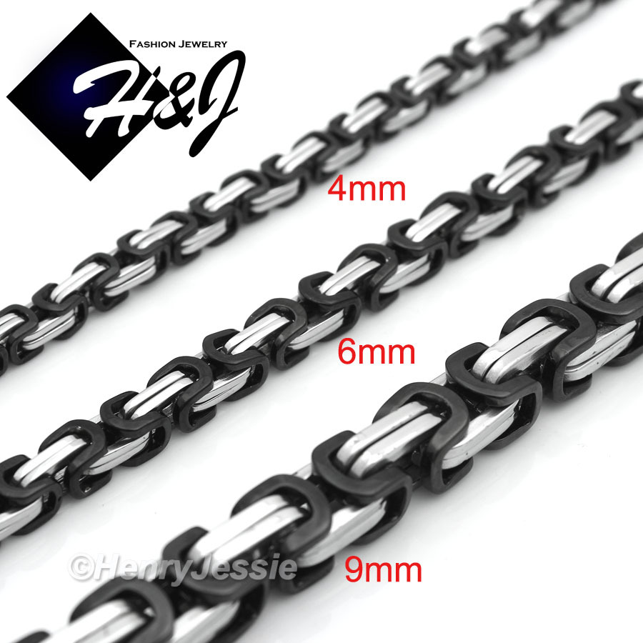18″-40″Stainless Steel 4/6/9mm Silver/Black Plated Byzantine Box Chain Necklace