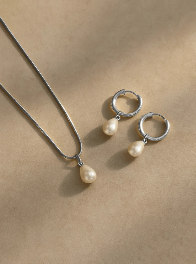 3PCS Women Jewelry Set Teardrop White Pearl Minimalist Necklace Earrings Gift US