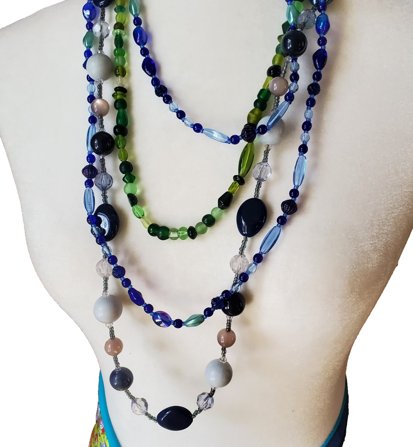 Beaded Necklace Stack 3 Necklaces Blue Glass Green Beads Oval Faceted Gray Navy