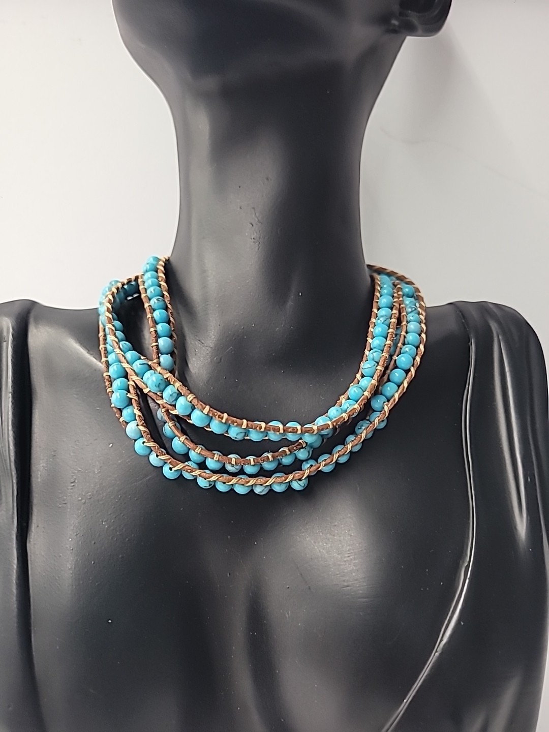 Vintage Victoria Emerson Turquoise Beaded Leather Wrap Necklace Boho Southwest