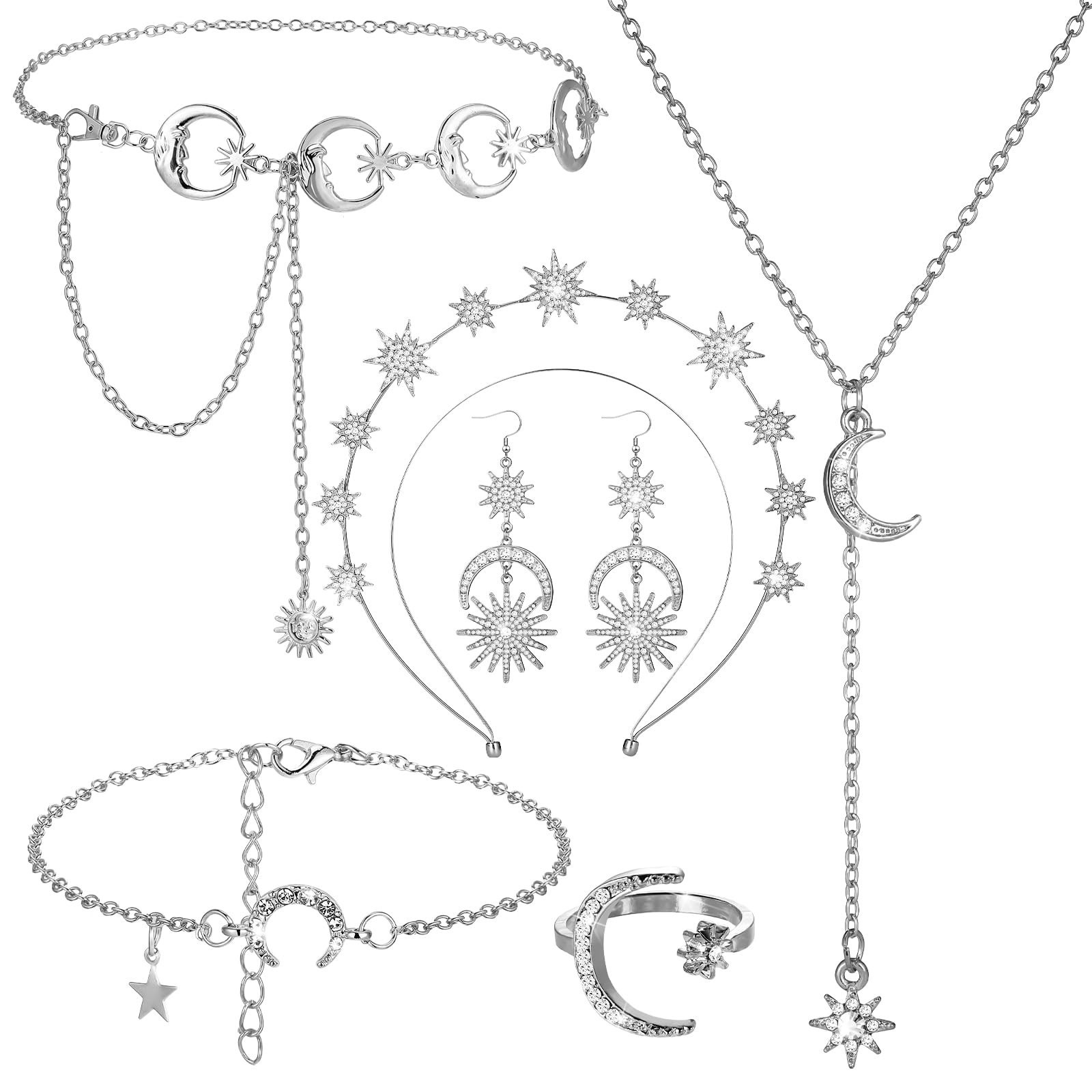 6 Pcs Celestial Crown Moon Star Headband & Earrings Set for Bride Wedding Costum