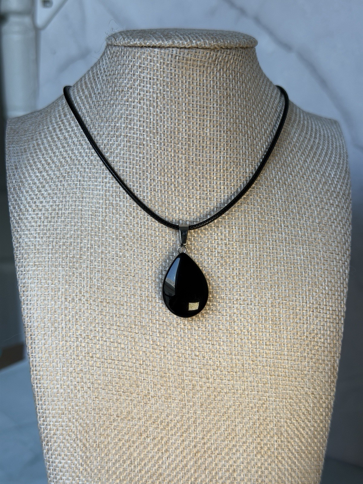 Black Onyx Teardrop Pendant Necklace 19in Braided Cord Silver Bail Crystal New