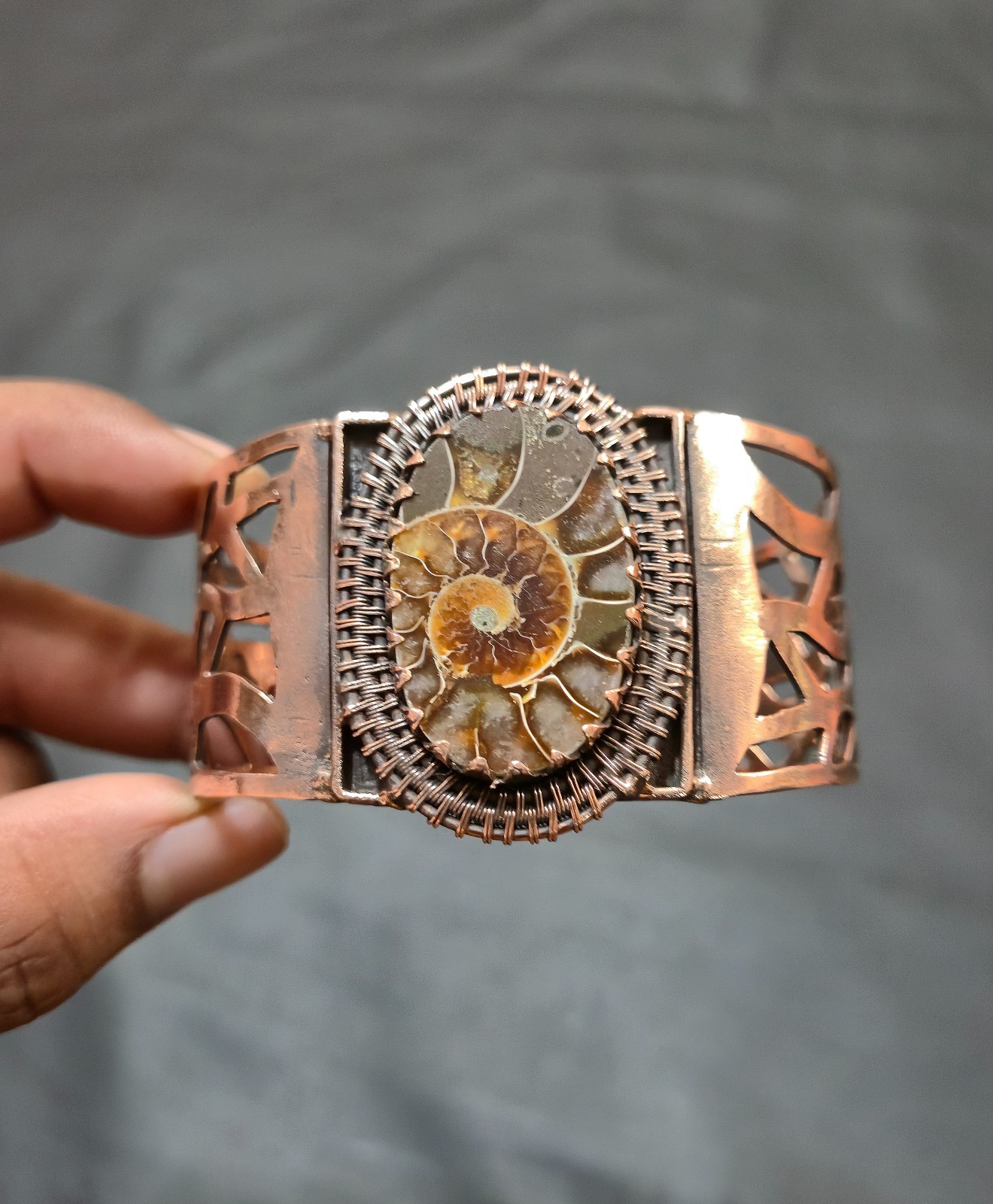 Ammonite Fossil Cuff Bracelet Copper Bangle Adjustable Bangle Copper Jewelry