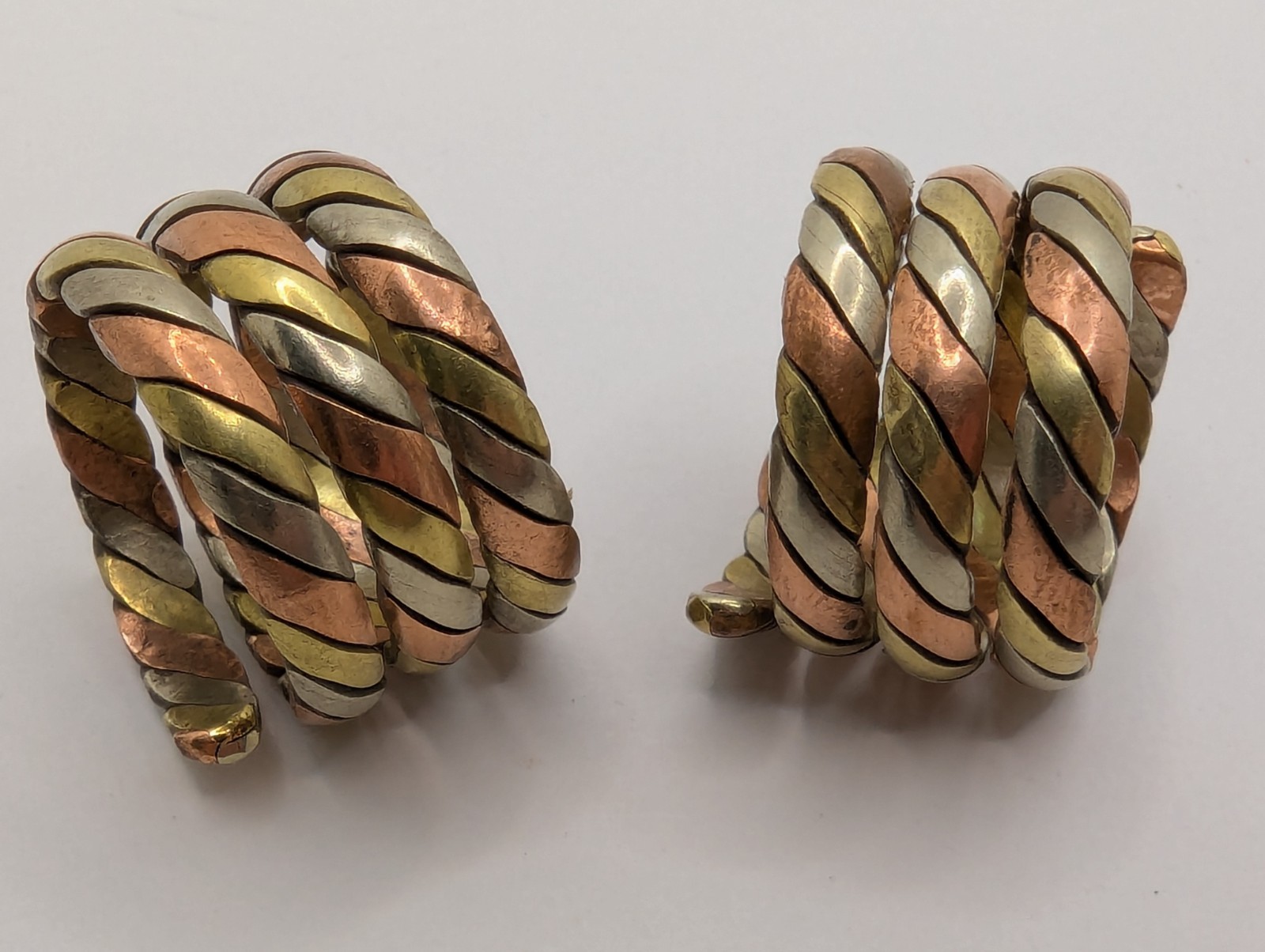 Tibetan Three Metal Coil Rings. Brass, Copper & Silver Tone Metals. Pair Of 2