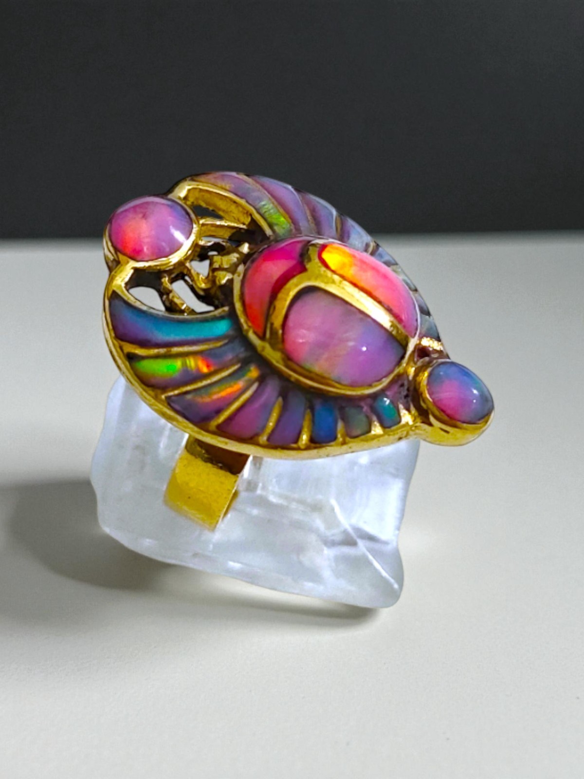 Opal Pinky Gold Scarab Ring, Egyptian Talisman, Adjustable Ring