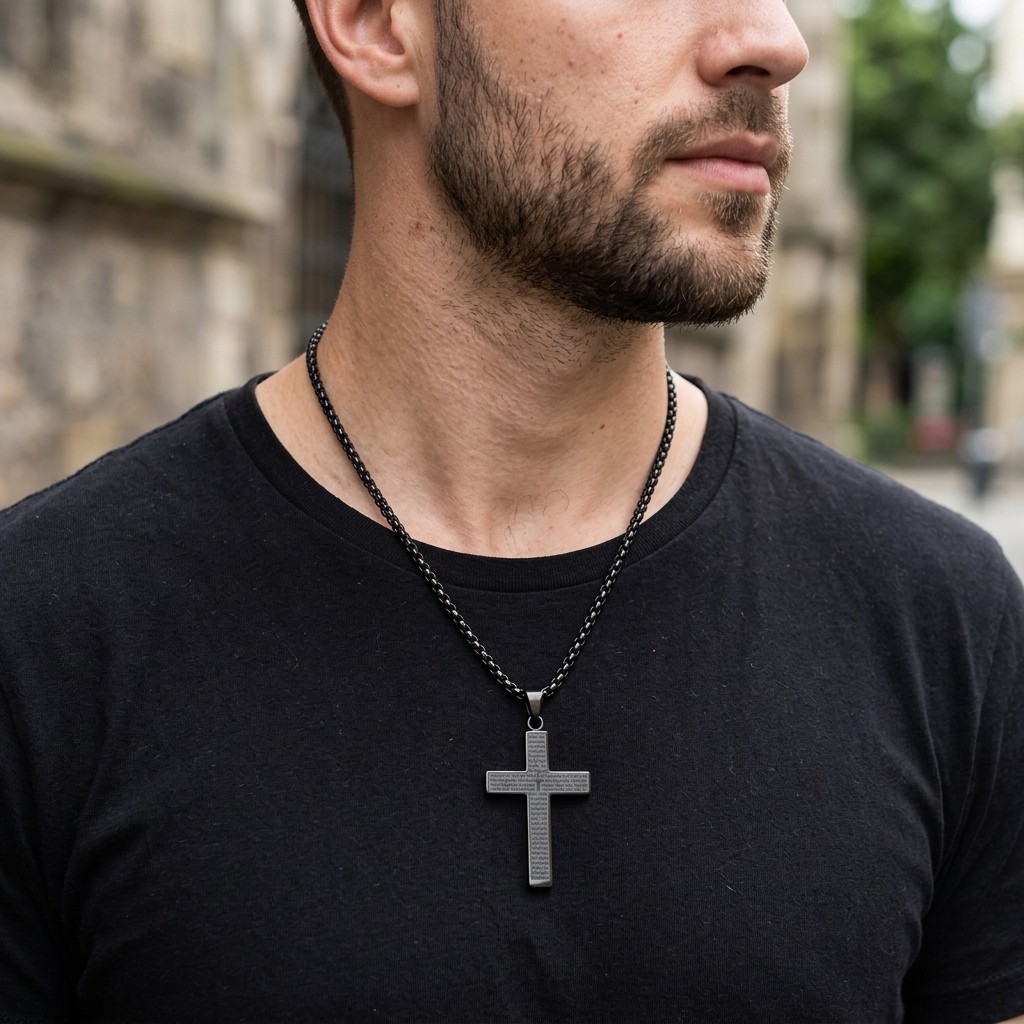Unisex Stainless Steel Engraved Cross Pendant Faith Religious Wearable Necklace