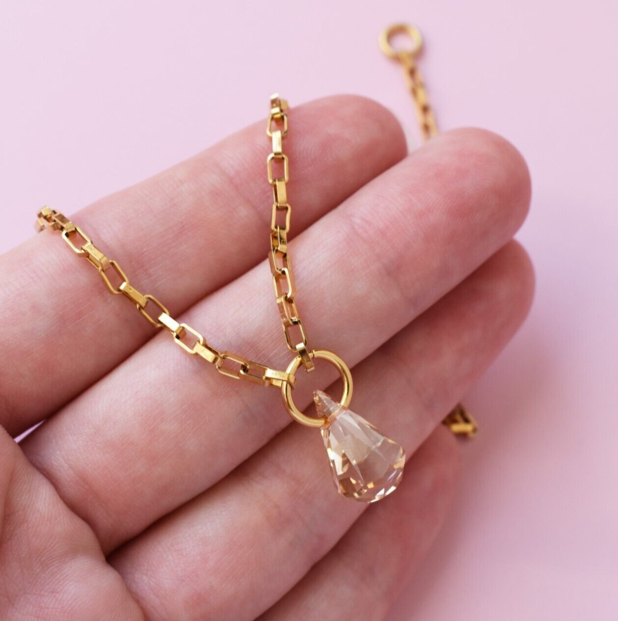 Crystal drop box chain necklace, Swarovski crystal dangle necklace