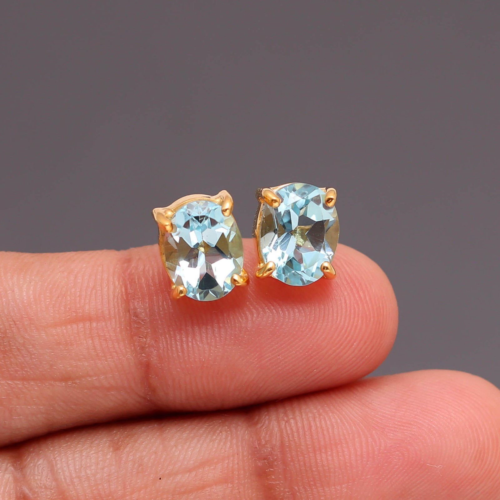 Natural Sky Blue Topaz Oval Stud Earrings Gold Fill 925 Sterling Silver Jewelry