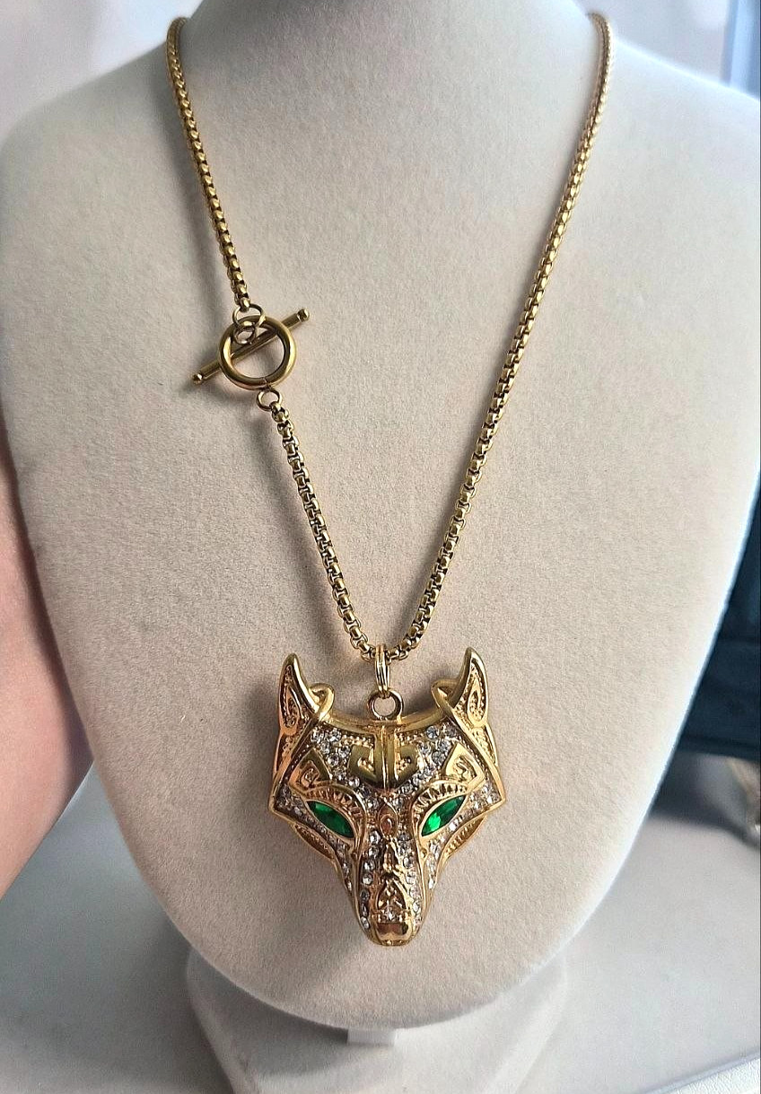 Wolf Head Pendant Necklace Stainless Steel Gold Plated Rhinestone Green Zircon