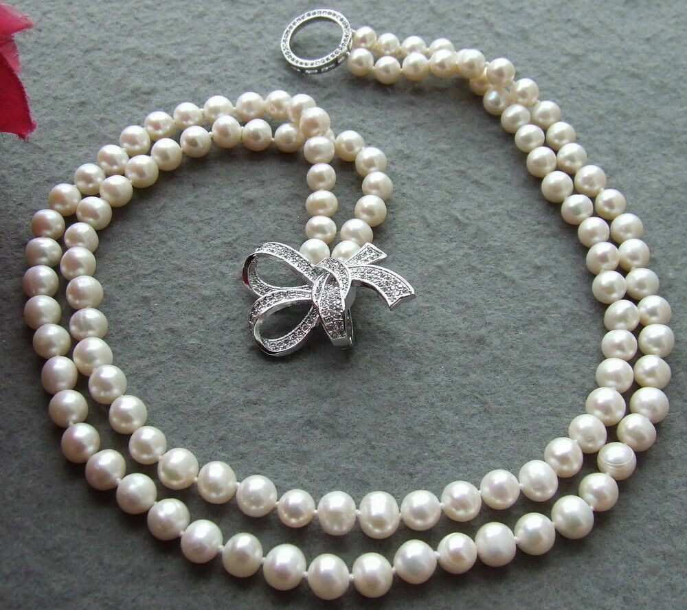20″ 2 Rows 8MM White Freshwater cultured Pearl Necklace 18KGP Cz pave Clasp