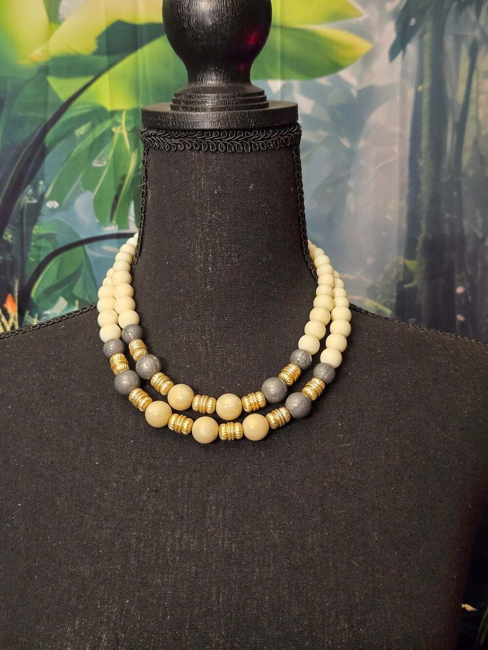 Vintage Two-Strand Cream and Grey Bead Statement Necklace with Gold-Tone Spacers