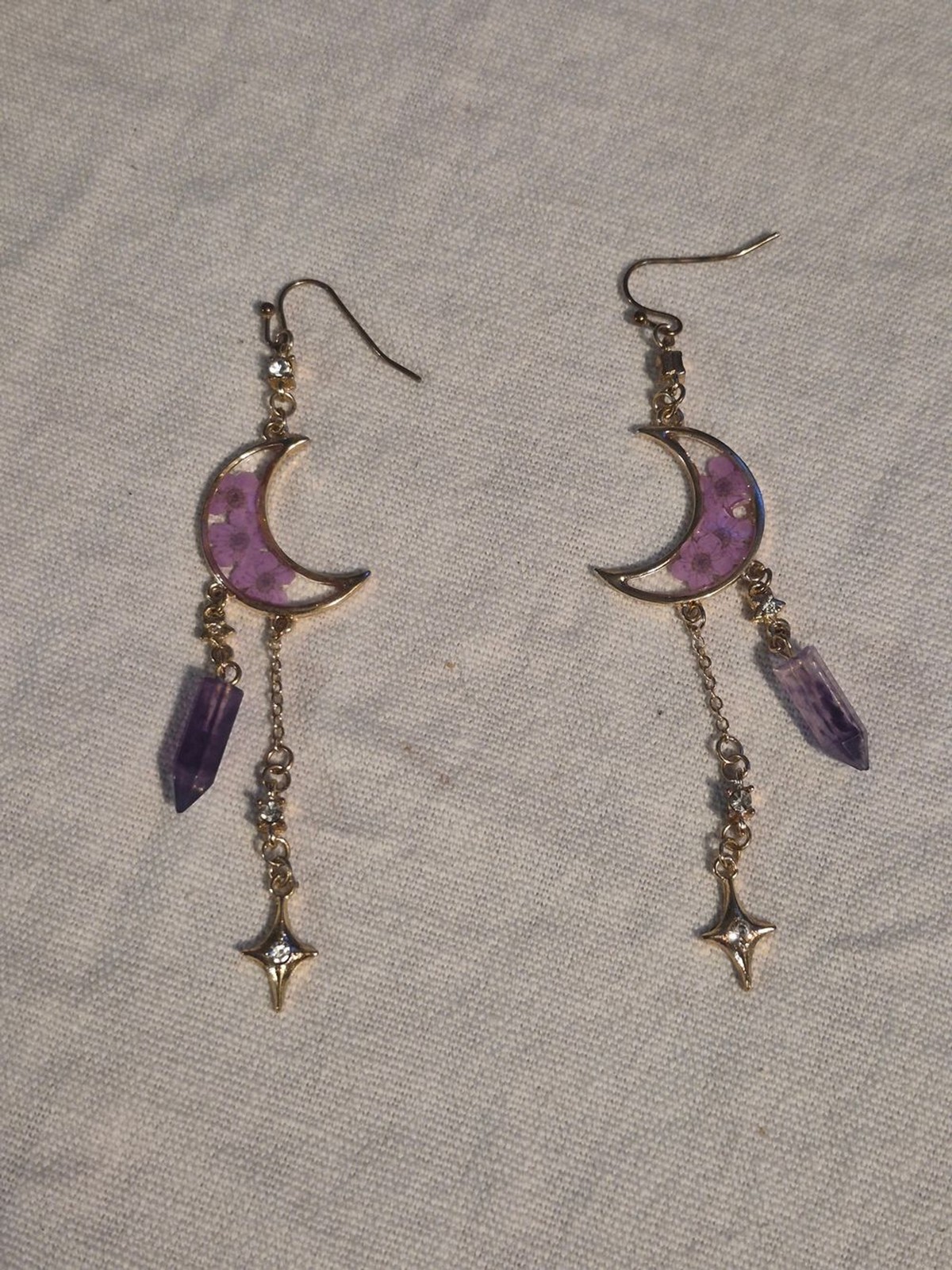 Gold Celestial Crescent Moon Resin Real Purple Flower and Faux Amethyst Crystal