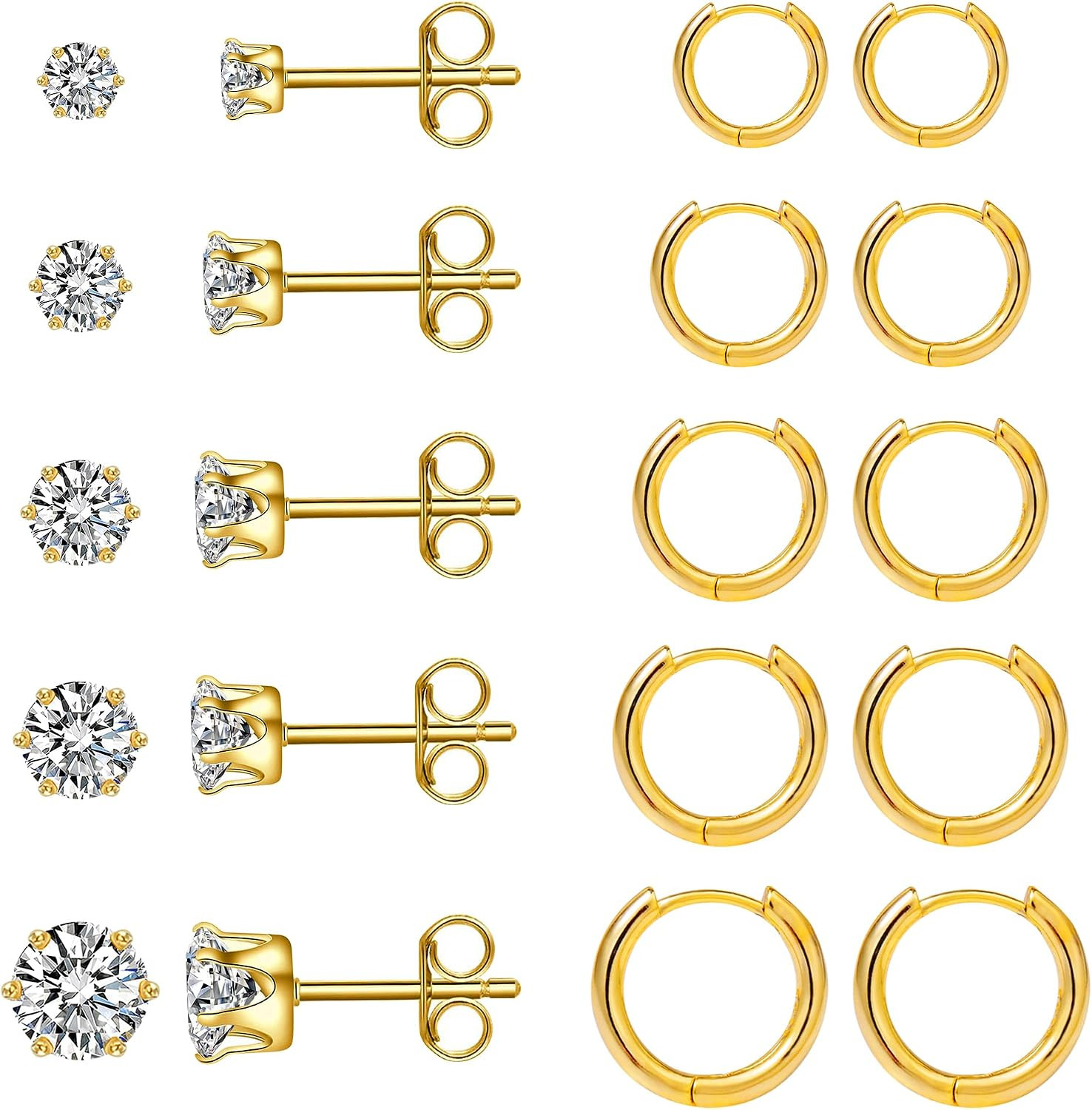 10 Pairs Earring Sets for Multiple Piercing 14K Gold Plated Studs Earrings and H