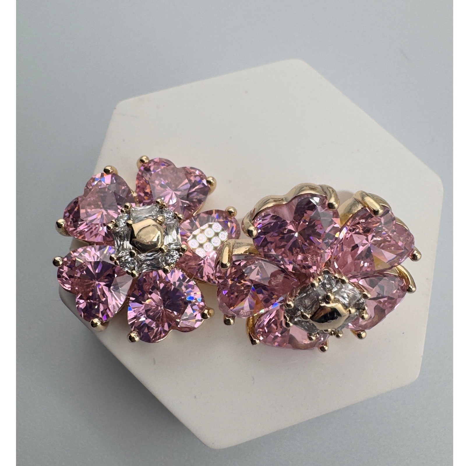 Pink Heart Petal Flower Stud Earrings 14K Gold Plated Cubic Zirconia Blossom